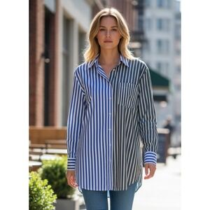 Talbots‎ Petite Colorblock Striped Button Down Shirt Blue Gray Cotton